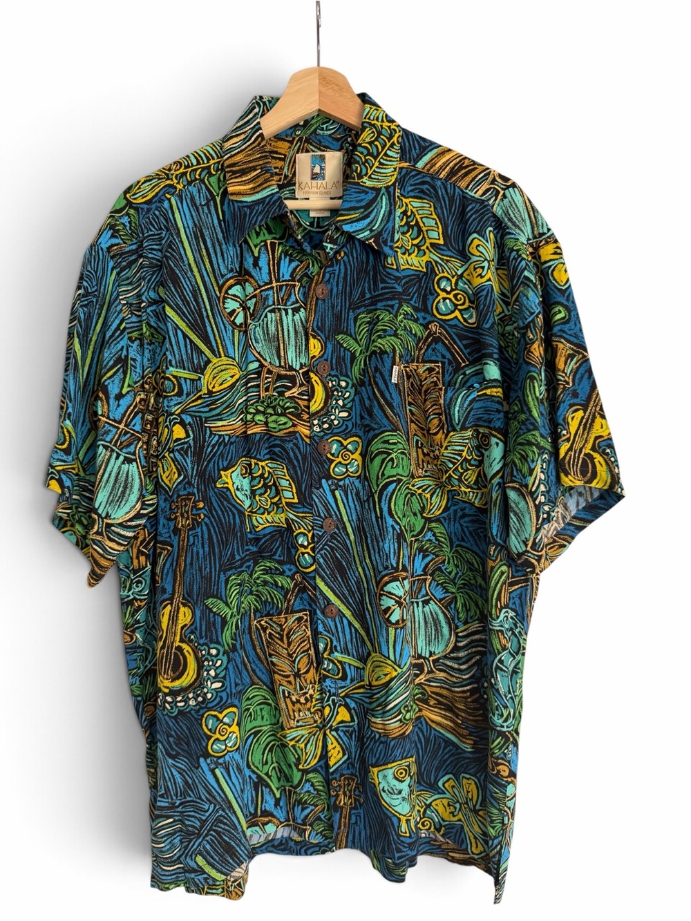 Vintage Kahala Hawaiian Shirt Men’s L Rayon Tiki Fish Made in Hawaii